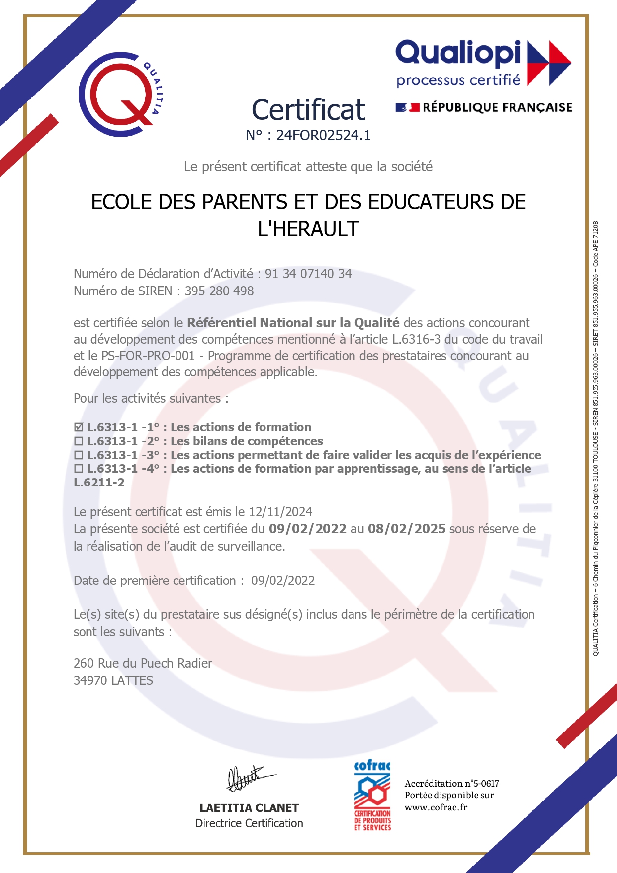 Certificat de conformité QUALIOPI